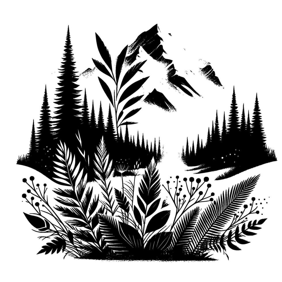 Serene Black and White Mountain Landscape with Flora vector
