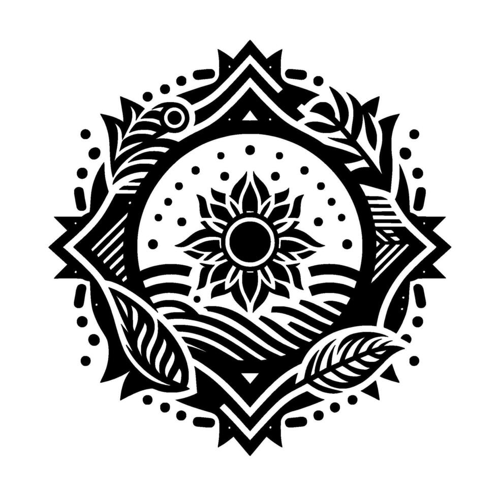 Geometric Mandala with Sun, Leaves, and Nature Elements Black White vector