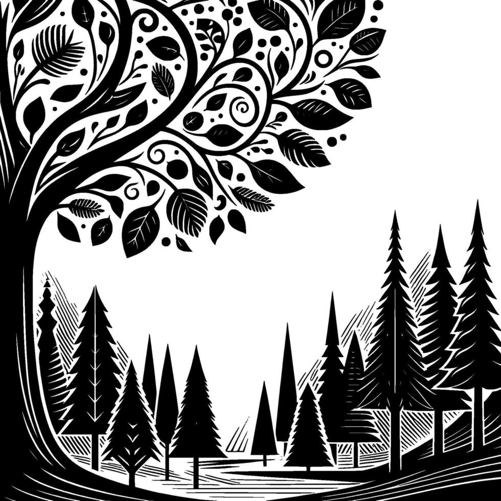 Black and White Forest Illustration with Tree and Pines vector