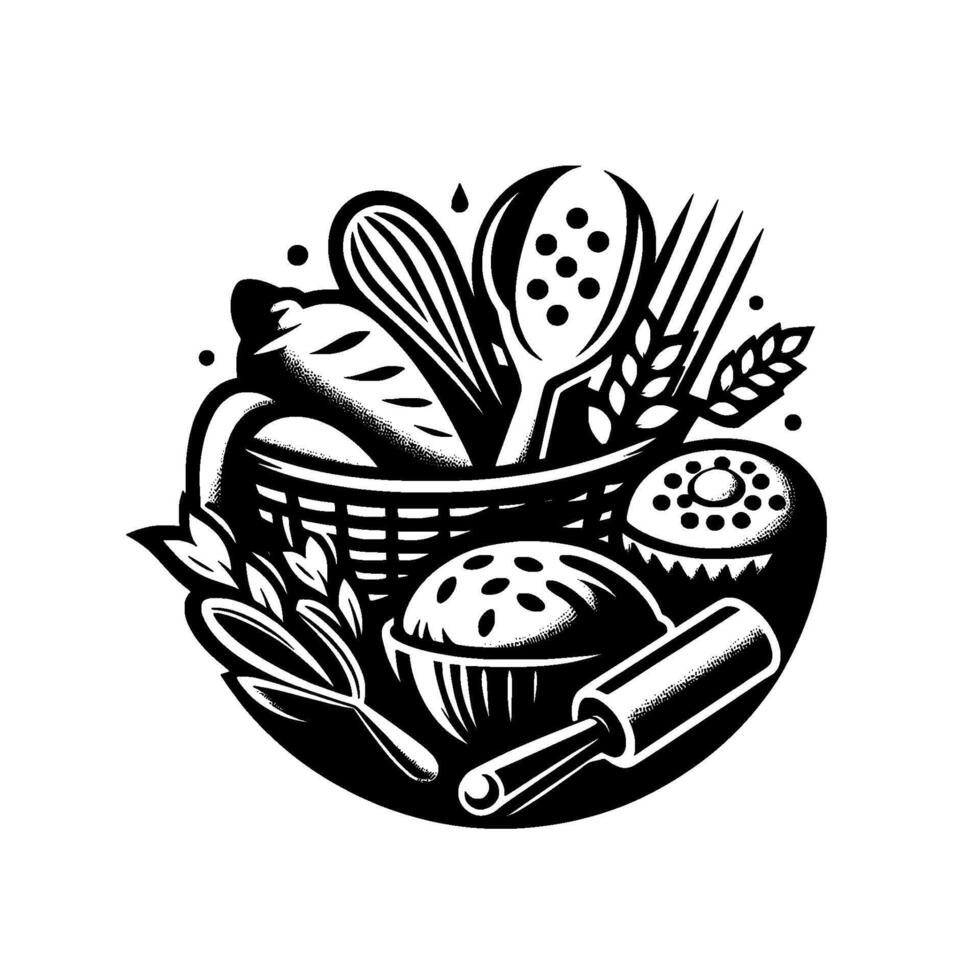 Baking Essentials in a Basket Black White Illustration vector