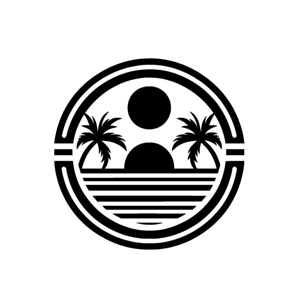 Minimalist Tropical Sunset Palm Trees, Circle , Black and White vector