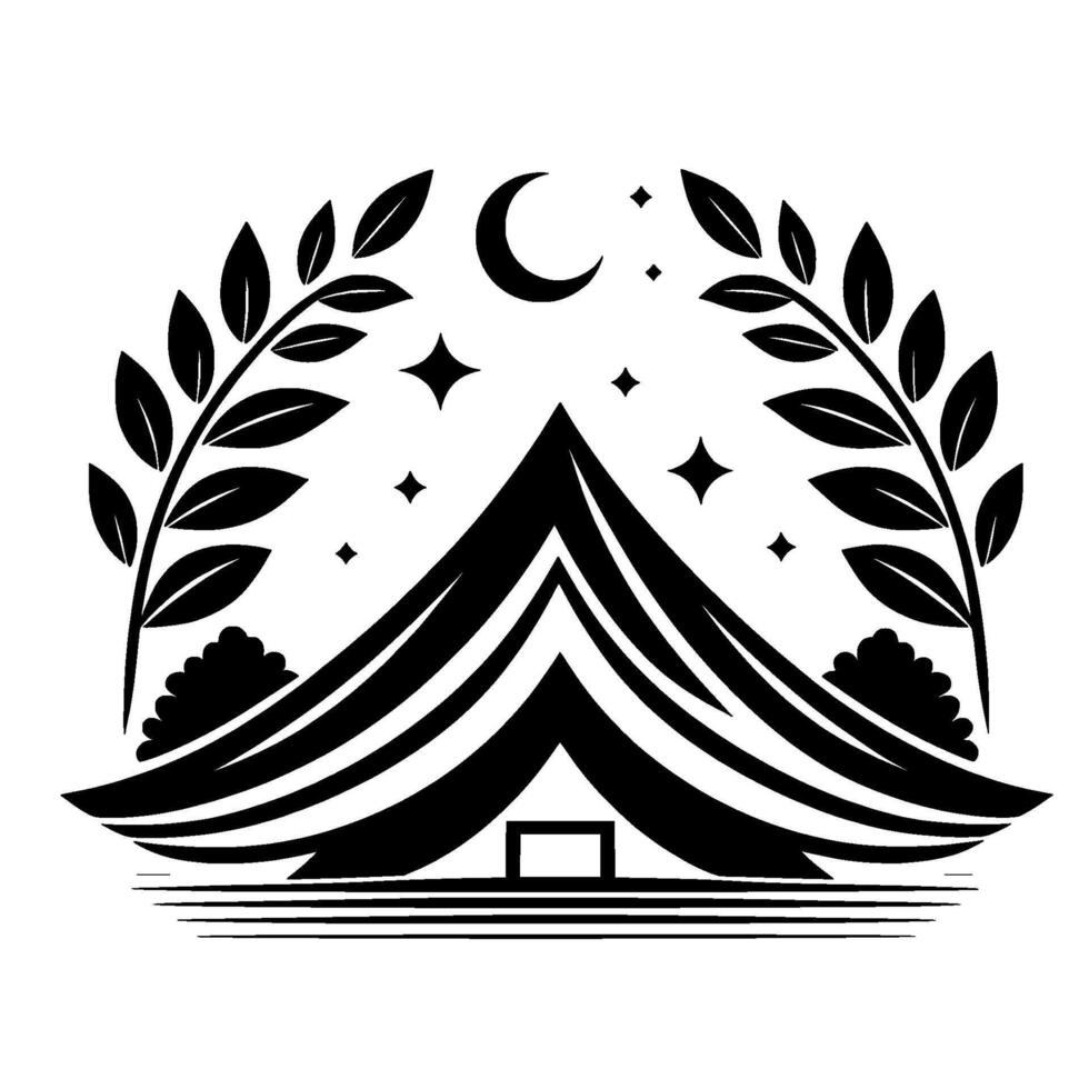 Night Camping Illustration Tent, Moon, Stars, and Foliage in Black White vector