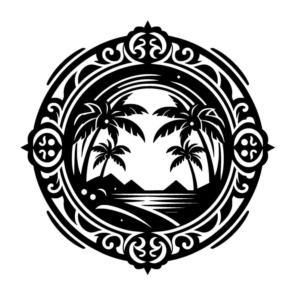 Tropical Island Silhouette Badge with Ornate Frame vector