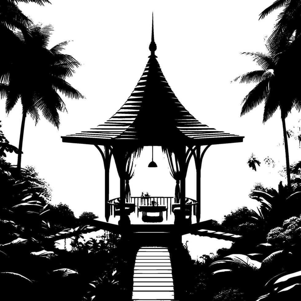Tranquil Gazebo in Lush Tropical Garden, Black and White Illustration vector
