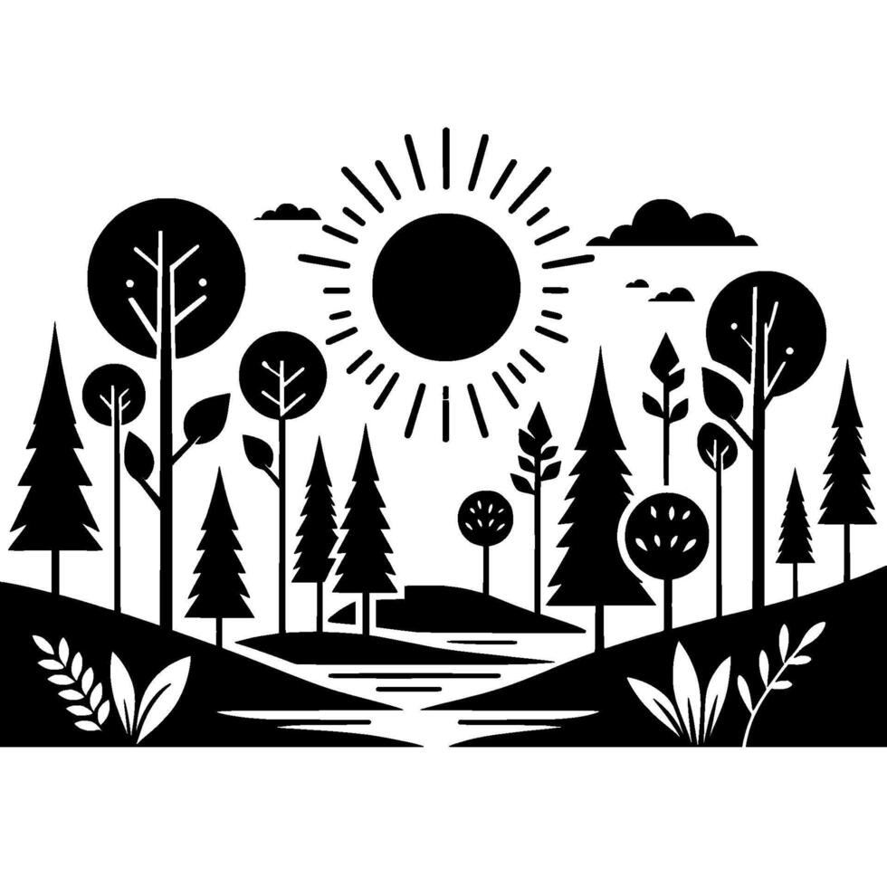 Black White Forest Landscape Illustration Minimalist Nature Scene vector