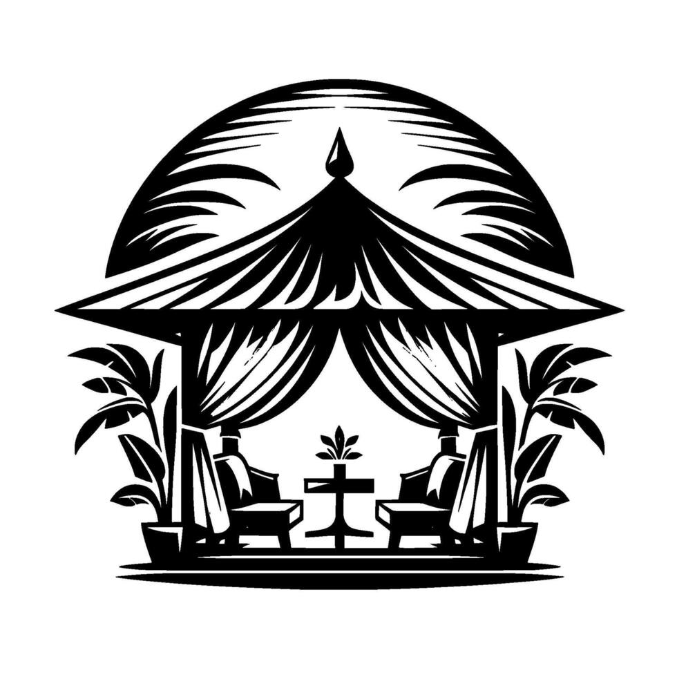 Black and White Gazebo with Chairs and Plants, Minimalist Illustration vector