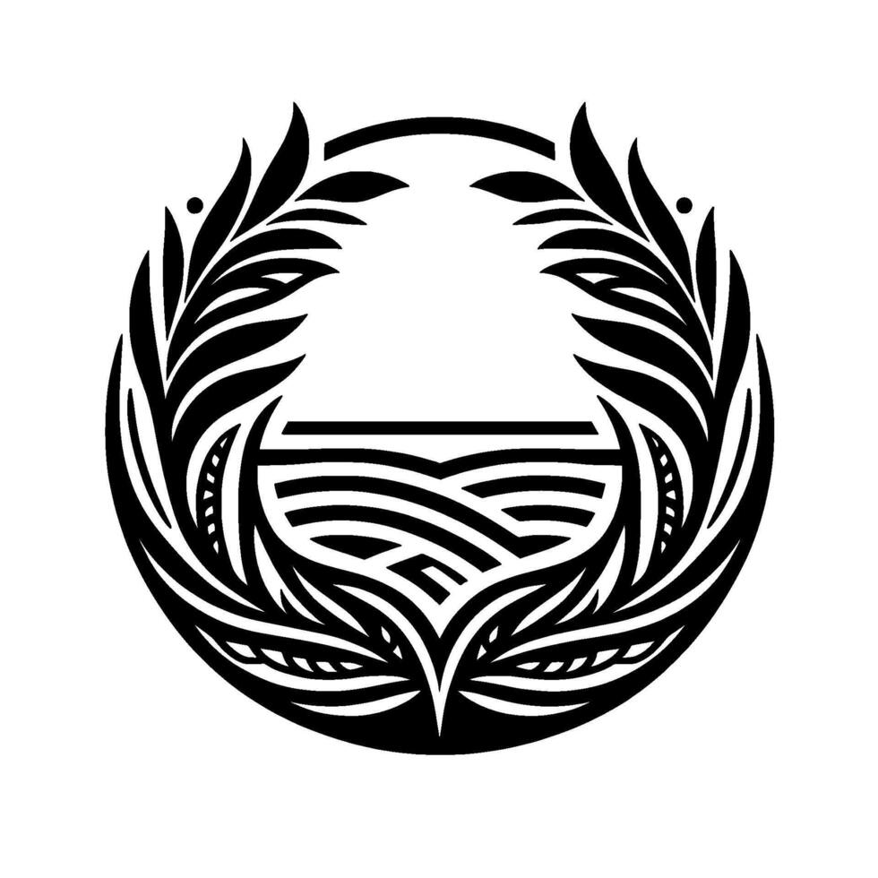 Minimalist Leaf Laurel Wreath with Sea Sky, Black on White vector