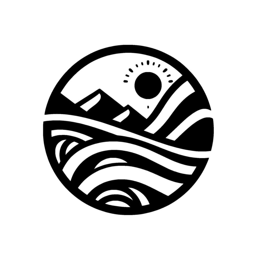 Minimalist Nature Mountains, Sun, Waves in Circle vector