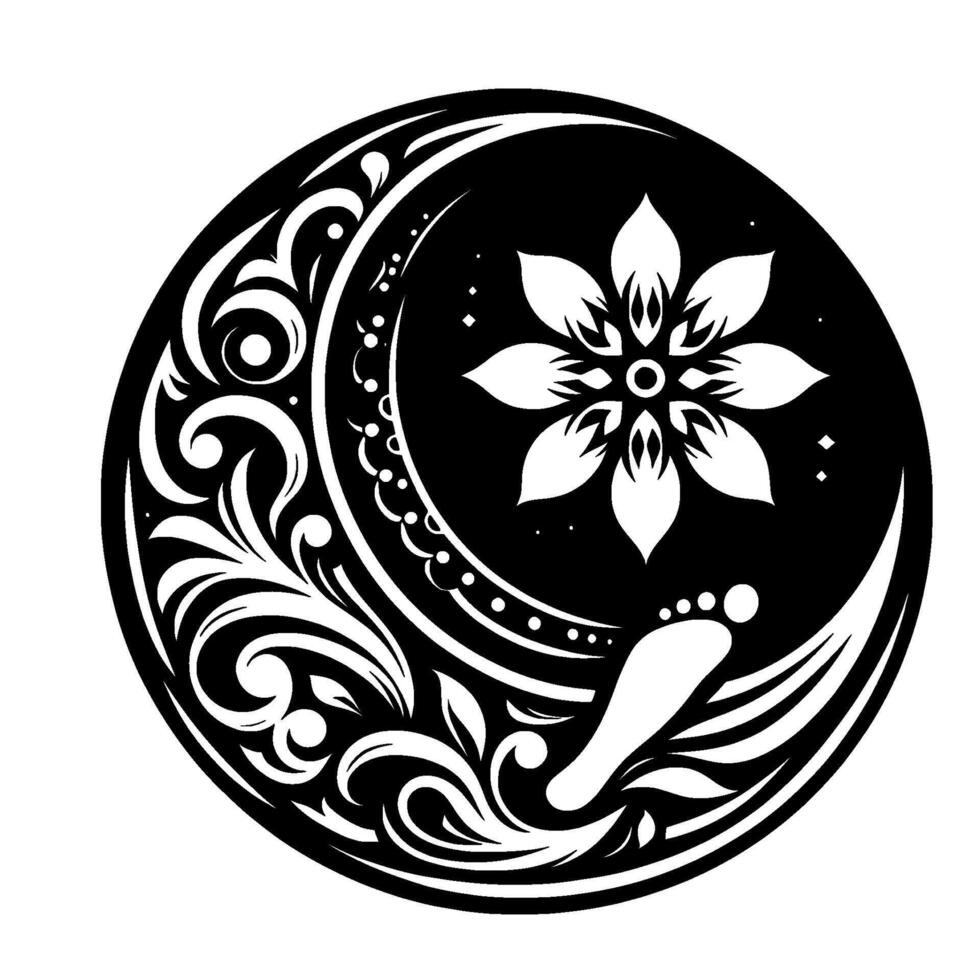 Elegant Mandala with Flower, Moon, Footprint, and Swirls vector