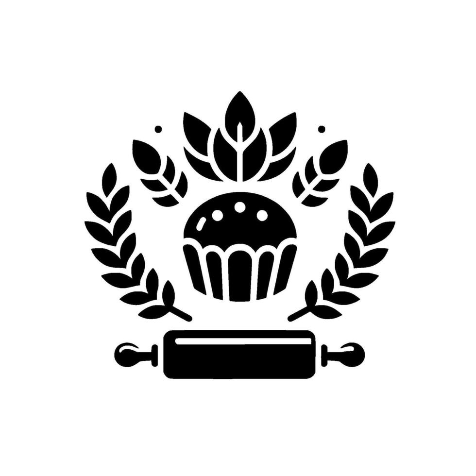 Bakery Emblem Black White Muffin, Wreath Rolling Pin vector