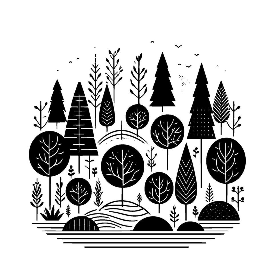 Minimalist Forest Silhouette Illustration Black and White Landscape vector