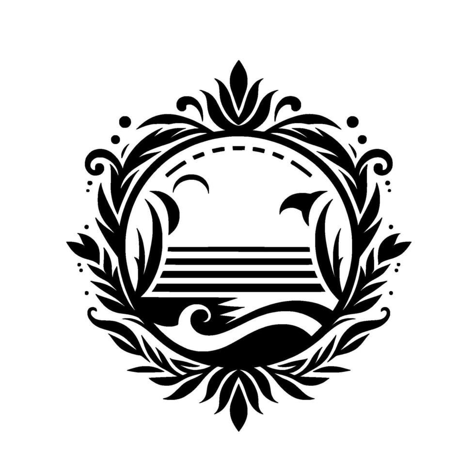 Elegant Black White Floral Emblem with Ocean Elements vector