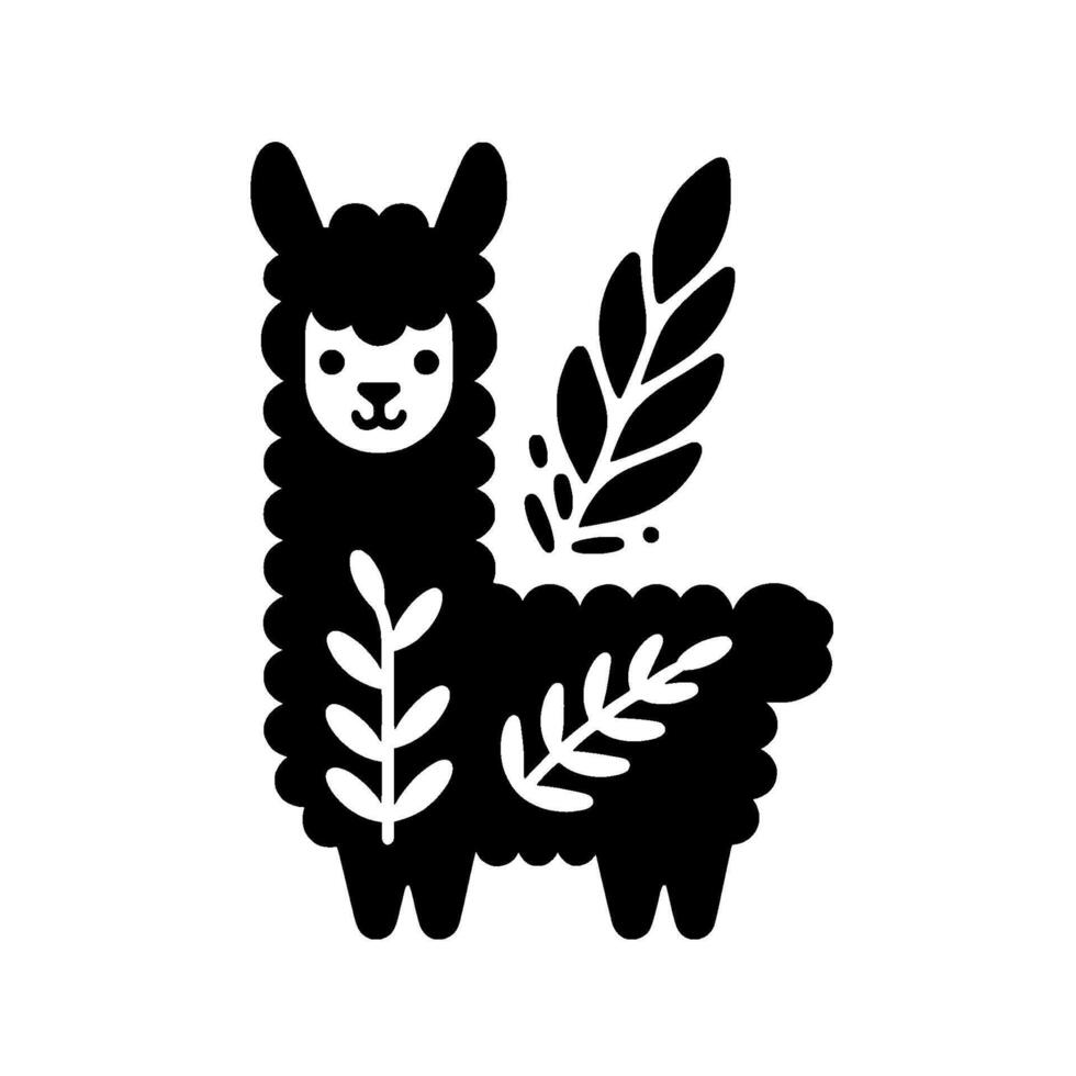 Charming Black and White Llama with Decorative Foliage Illustration vector