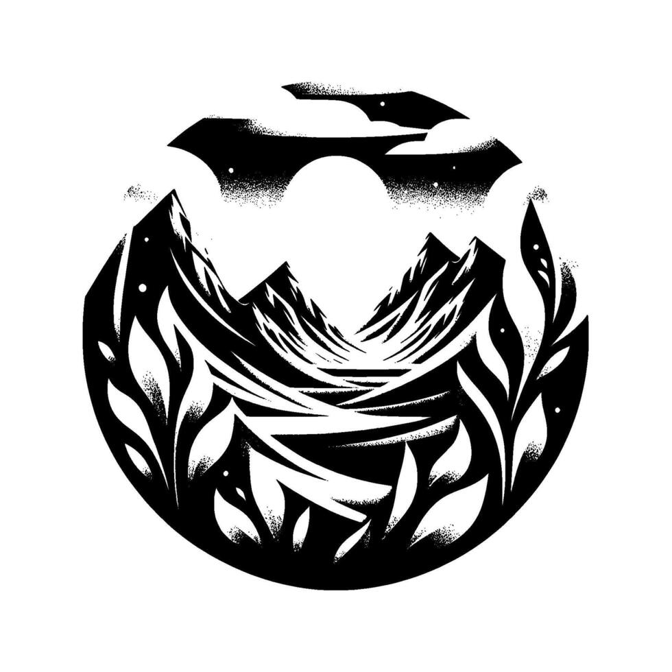 Monochromatic Landscape in Circle Mountains, Plants, and Night Sky vector