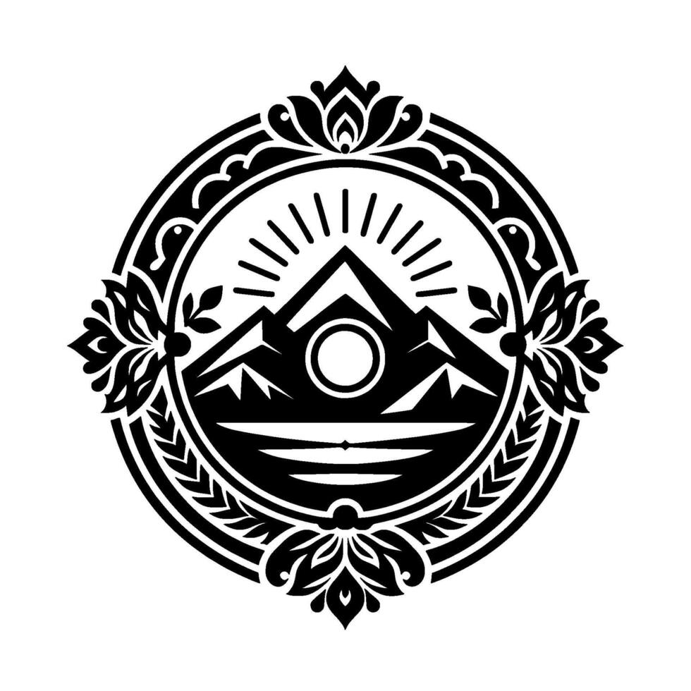 Ornate Mountain Sunrise Black White, Circular, Nature vector