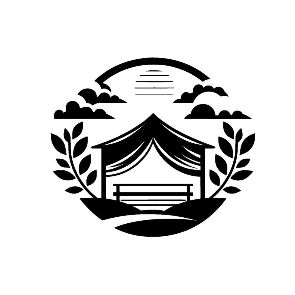 Silhouette Gazebo Scene with Sun, Clouds Foliage vector