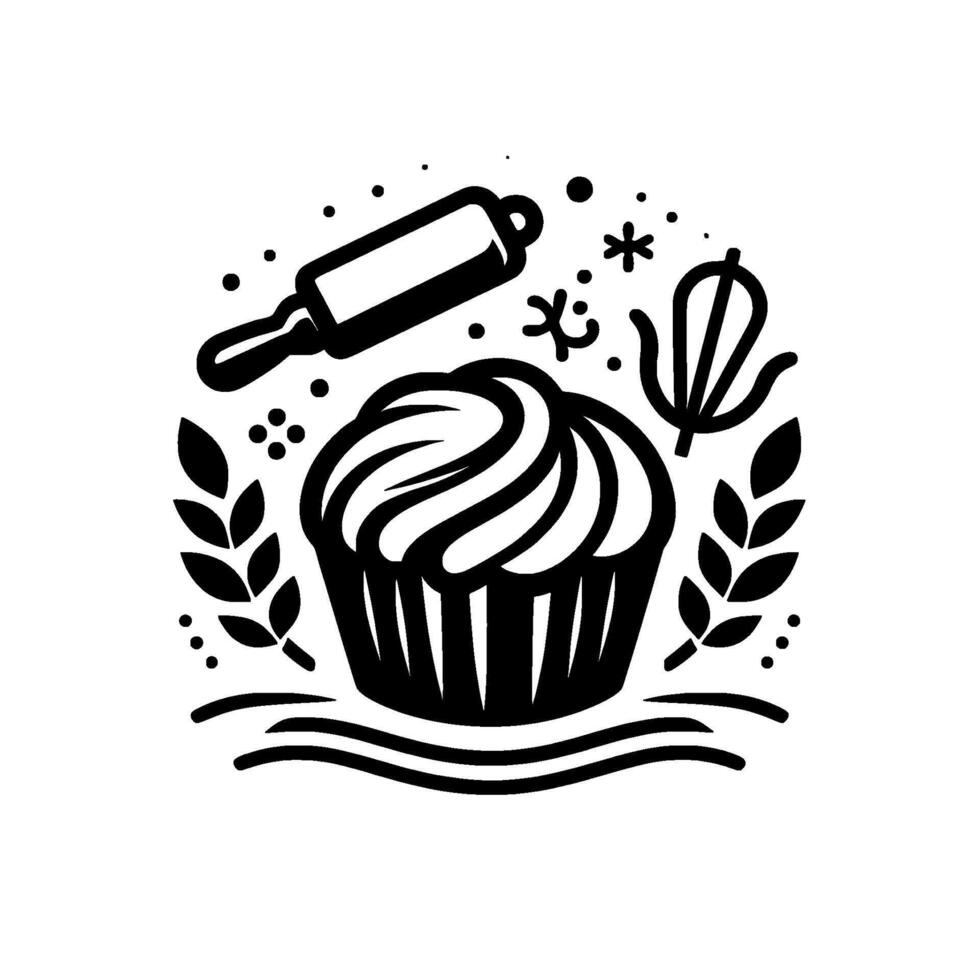 Whimsical Bakery Black White Cupcake vector