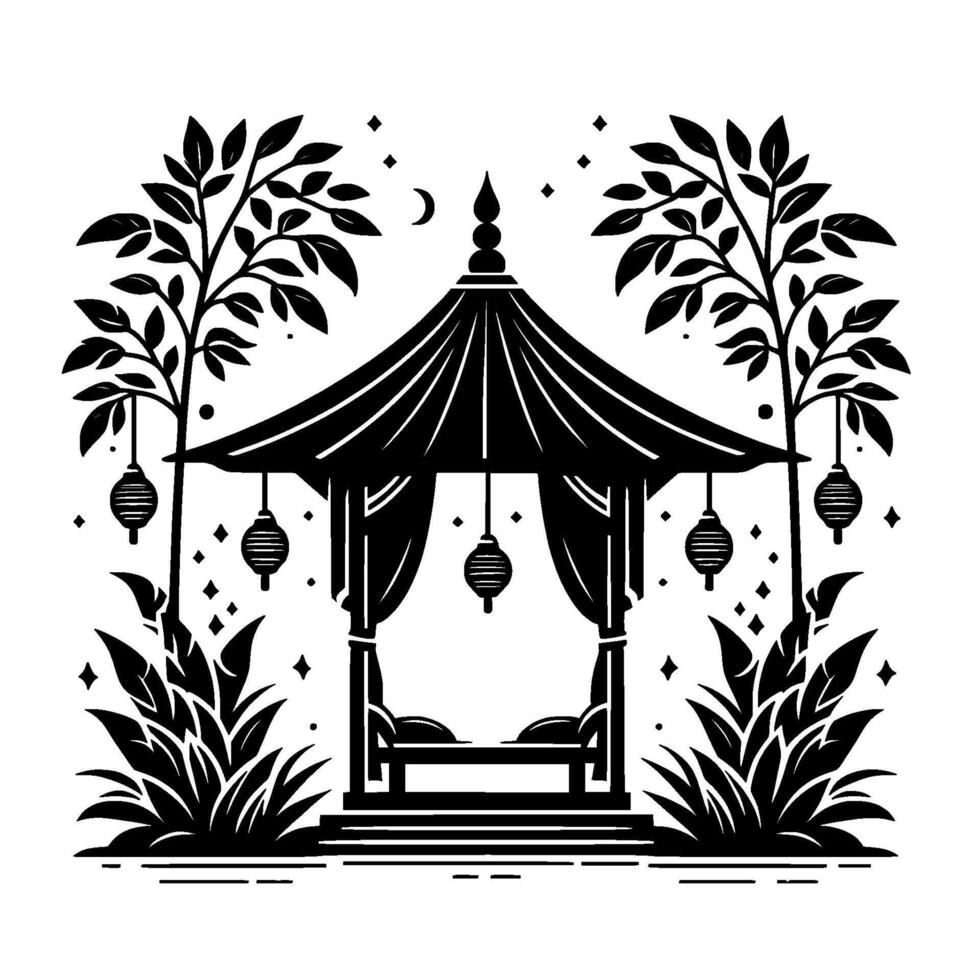 Serene Asian Garden Gazebo Silhouette, Night Scene vector