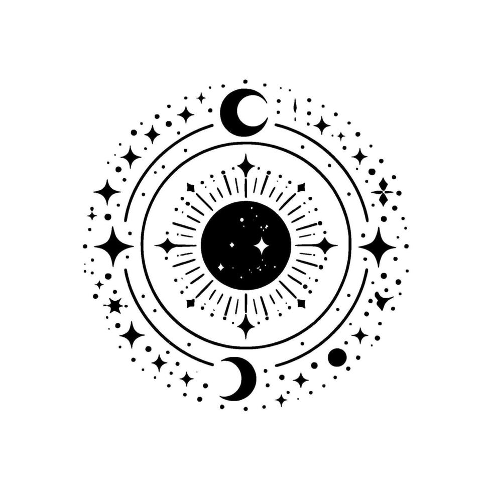 Celestial Mandala Mystical Sun, Moon, Stars, Black White vector