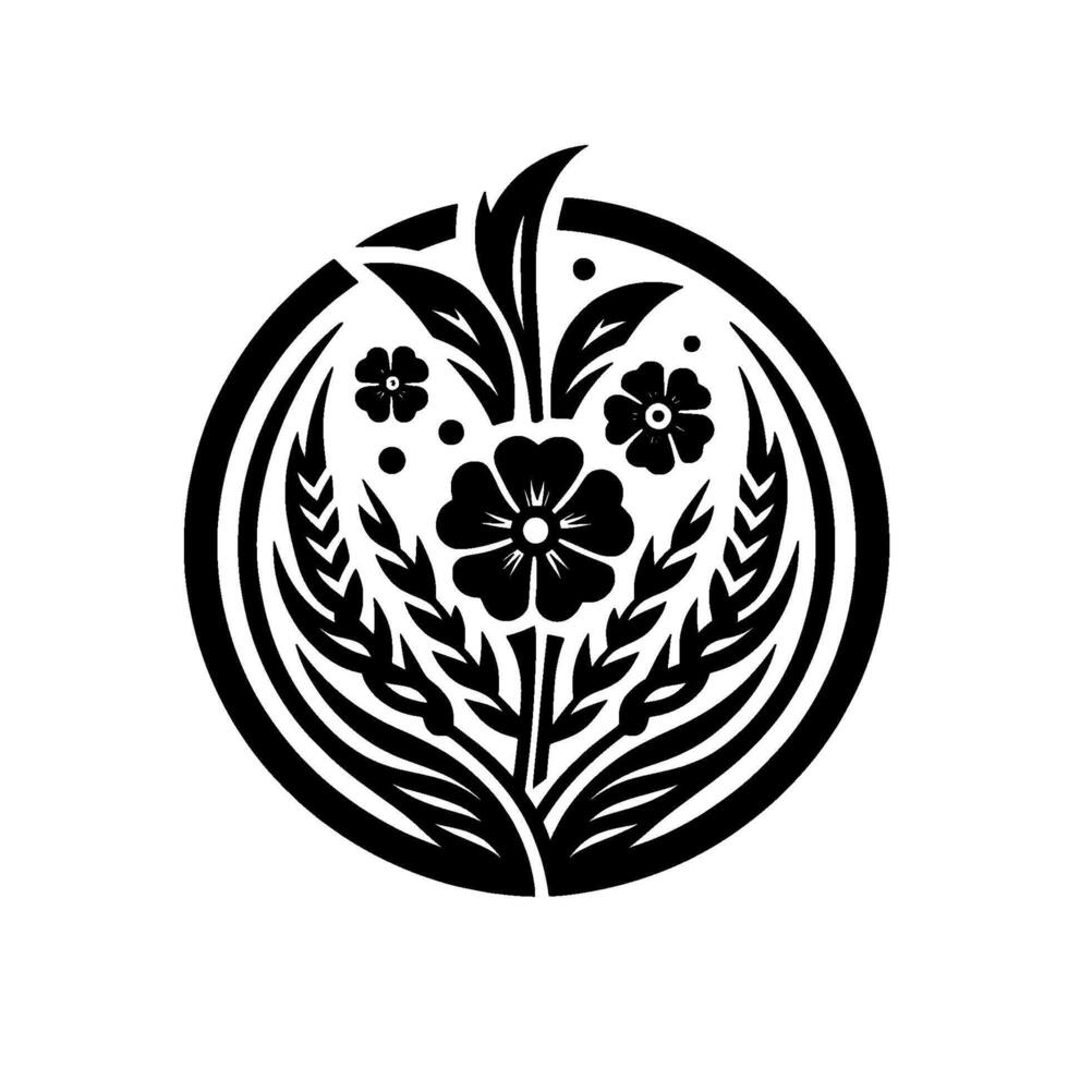 Decorative Floral Emblem, Black and White, Circle vector