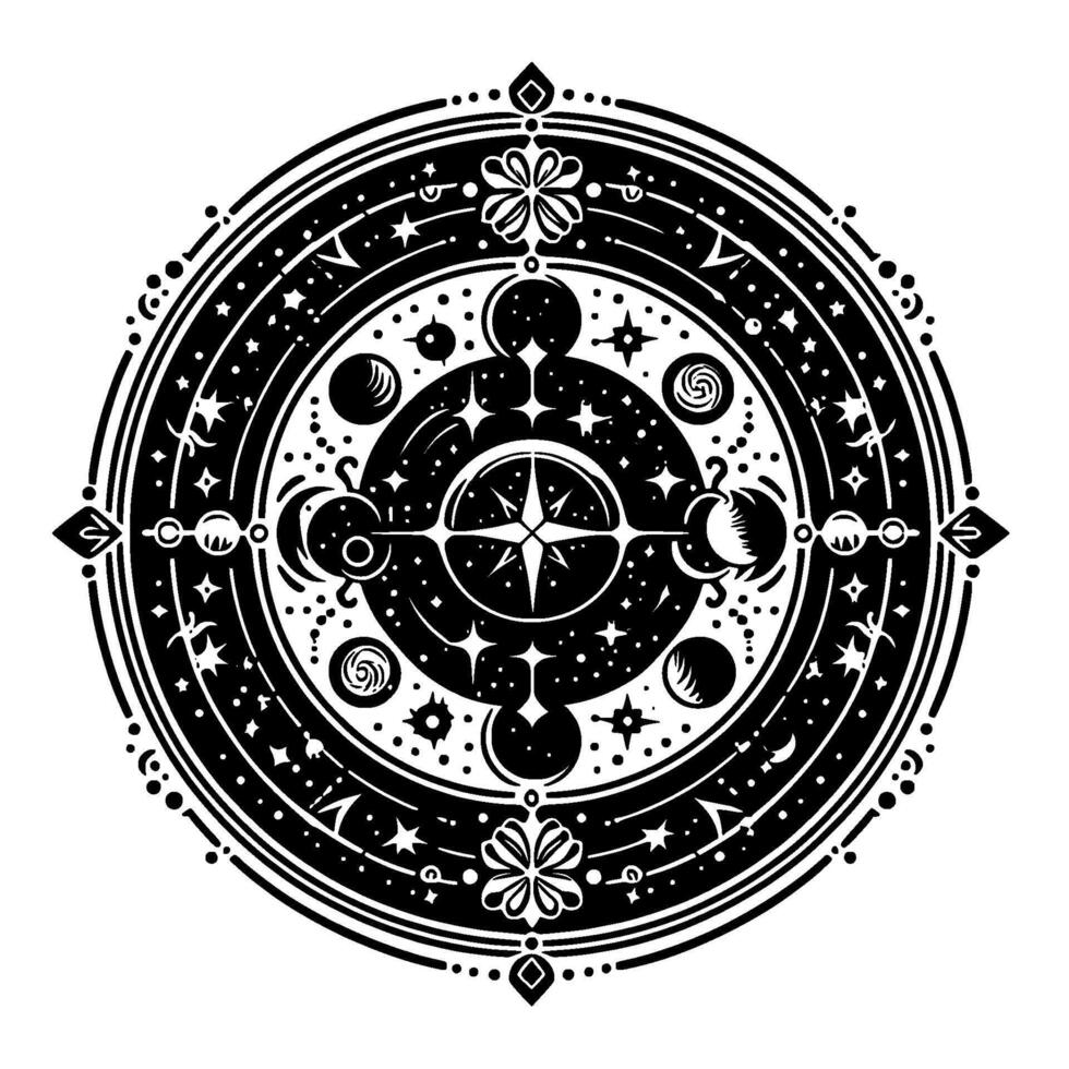 Intricate Celestial Mandala Black and White Cosmic vector