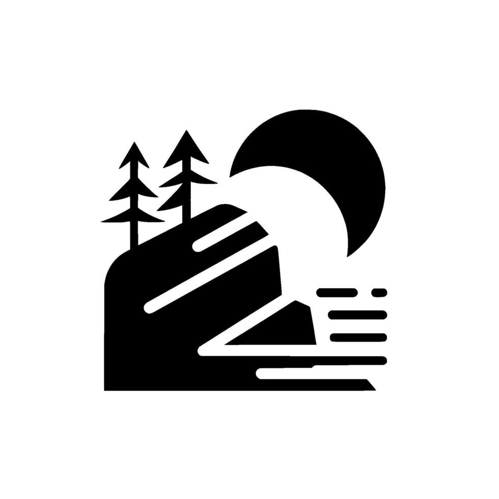 Silhouette Landscape Moon Over Mountain with Trees, Minimalist vector