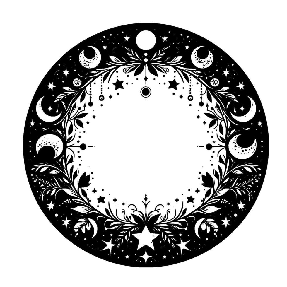 Celestial Wreath Moon, Stars, Floral, Boho, Black and White vector