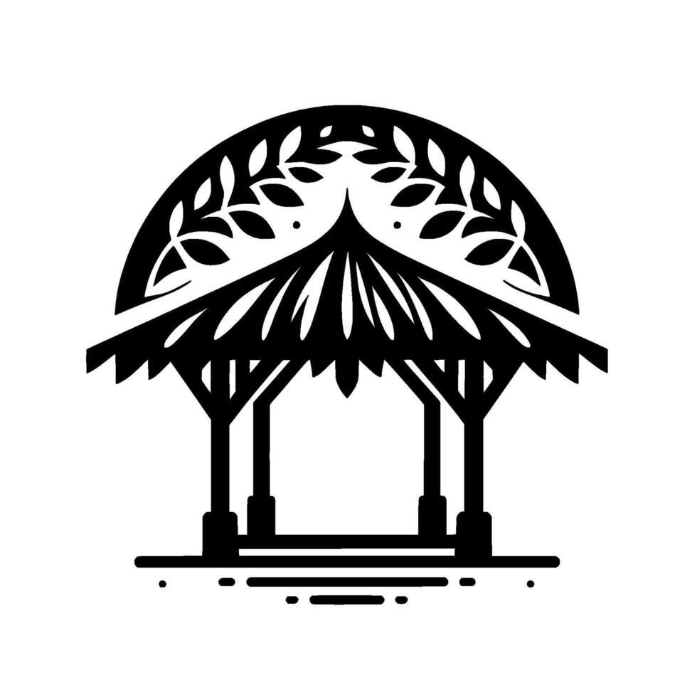 Stylized Gazebo Silhouette with Leaf Arch, Black and White vector