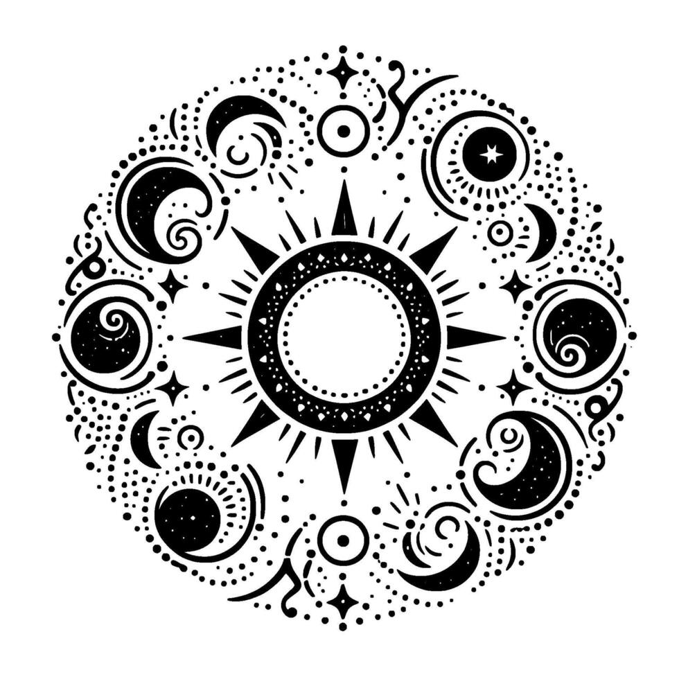 Celestial Mandala Sun, Moon, and Stars Black White vector