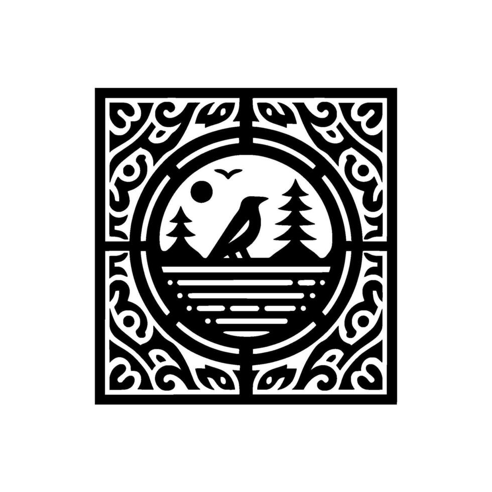 Black White Raven Forest Silhouette in Ornate Frame vector