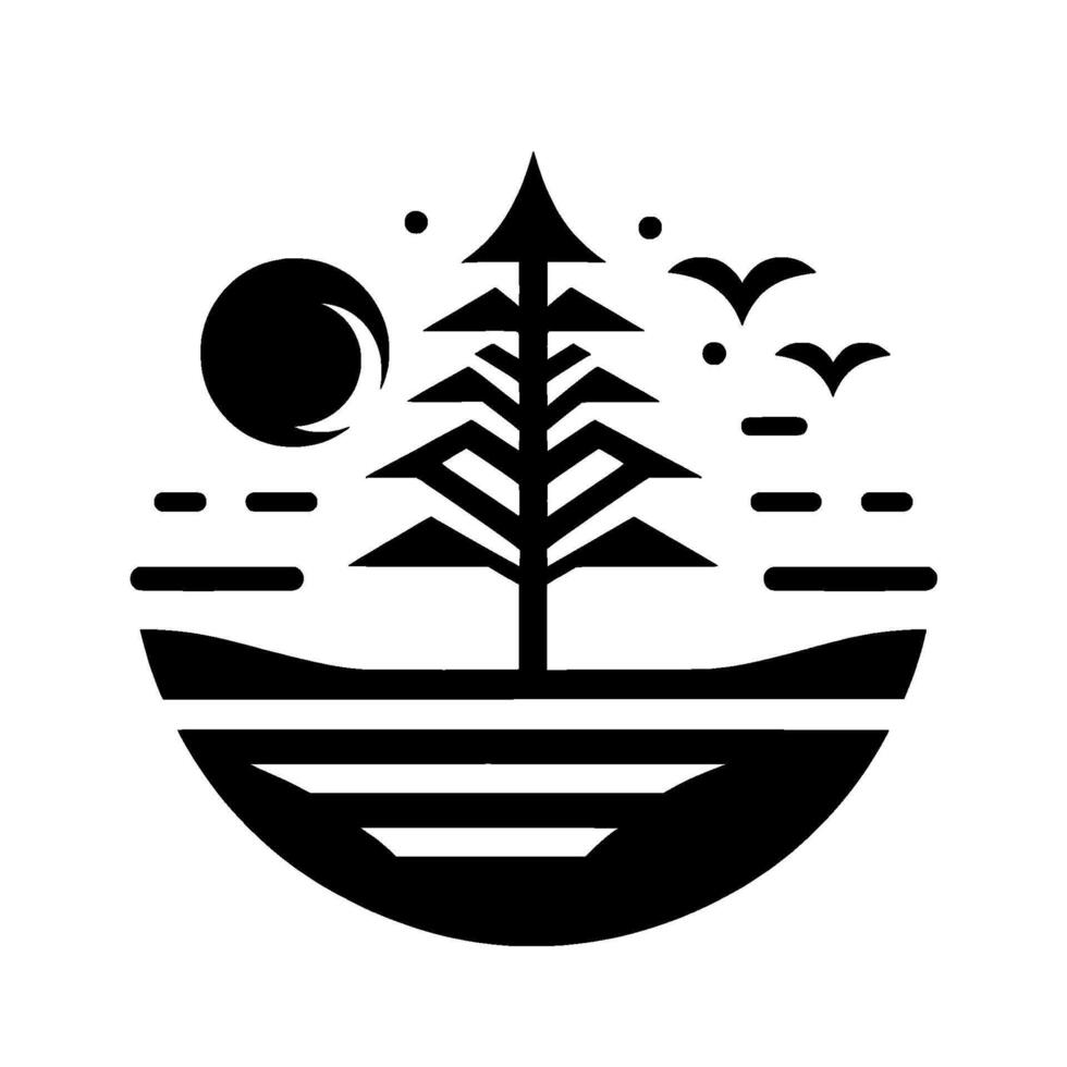 Minimalist Nature Pine Tree, Birds, Sun, Landscape vector