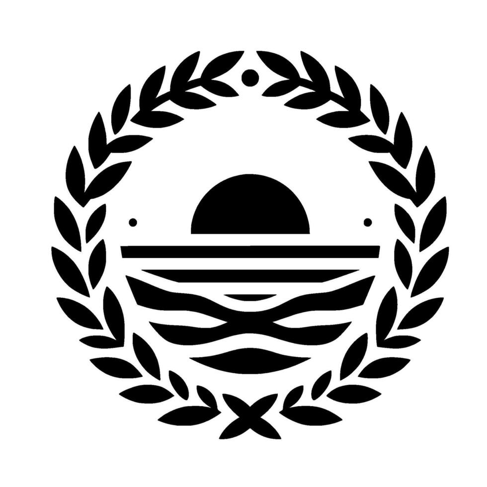 Minimalist Sunset Emblem Laurel Wreath, Geometric Landscape, Black White vector