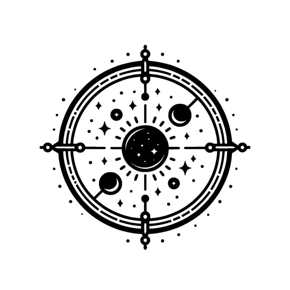 Celestial Compass Black and White Cosmic Emblem Illustration vector