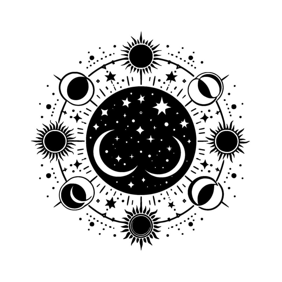 Celestial Lunar Cycle Illustration, Black and White, Mystical vector