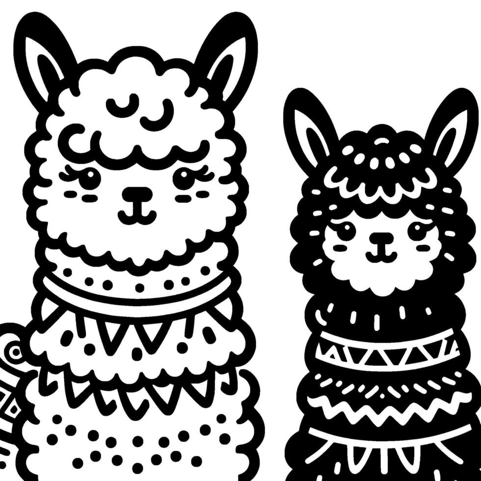 HandDrawn Llama Duo Black and White Illustration vector