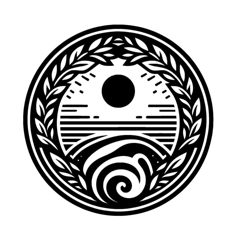 Monochromatic Nature Emblem Sun, Sea, and Laurel Wreath vector
