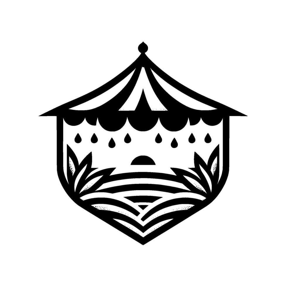 Geometric Black and White Illustration of a Tent with Nature Elements vector