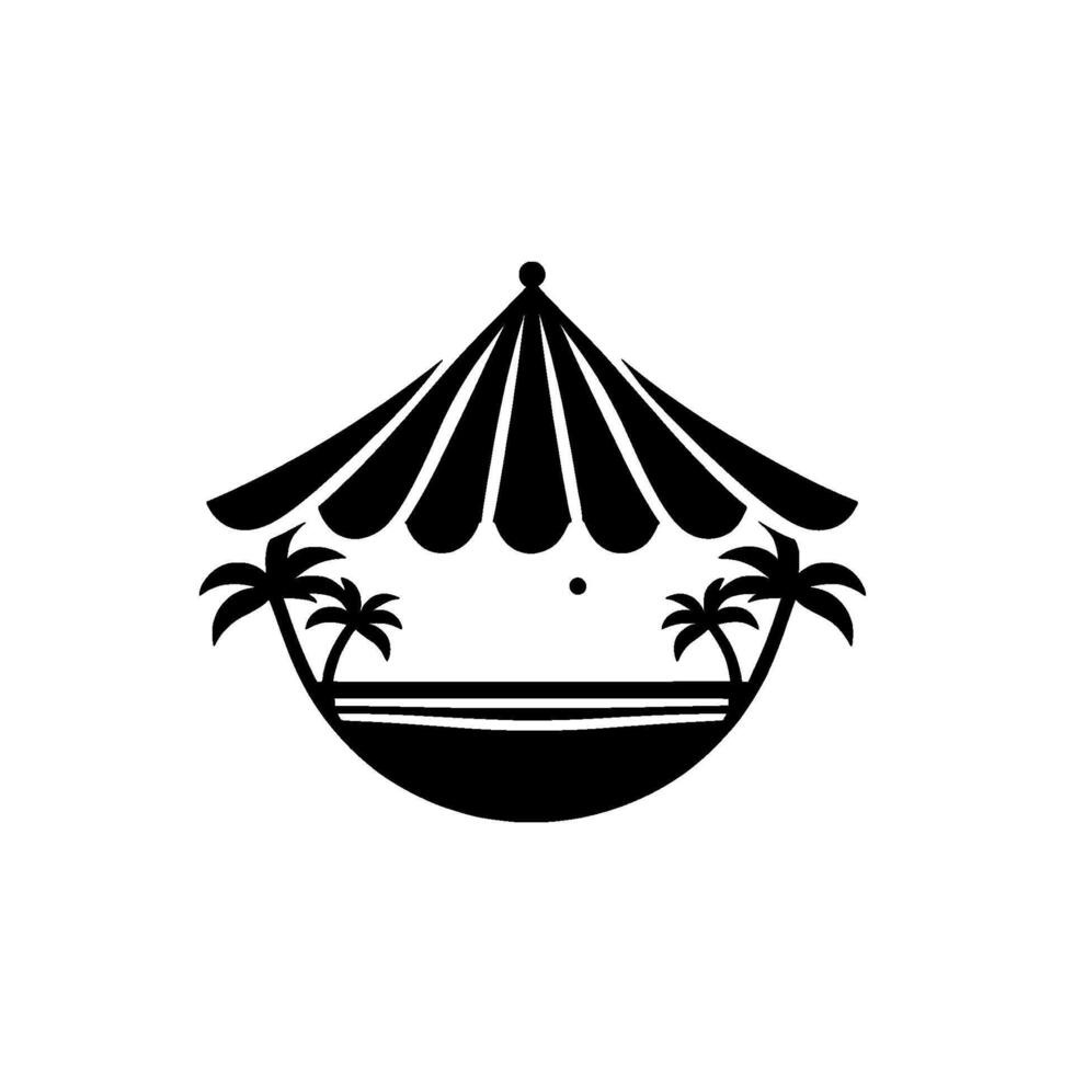 Black White Beach Scene Umbrella, Palms, Sea, Hammock vector