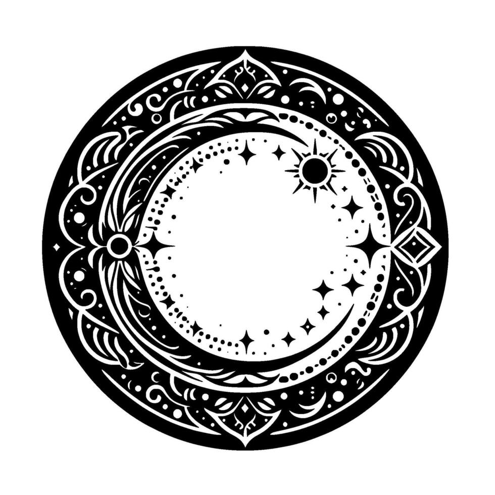 Celestial Mandala Black White Circular with Moon, Sun Stars vector