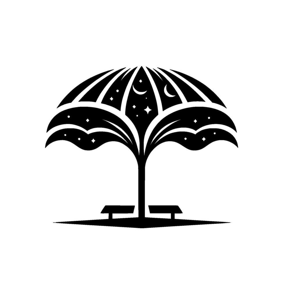 Night Picnic Black and White Umbrella Tree with Stars and Benches vector