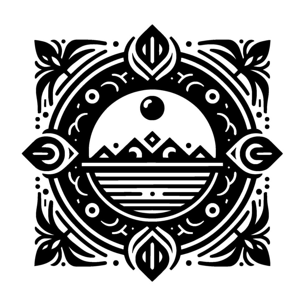 Geometric Nature Sun, Mountains, and Foliage in Black and White vector