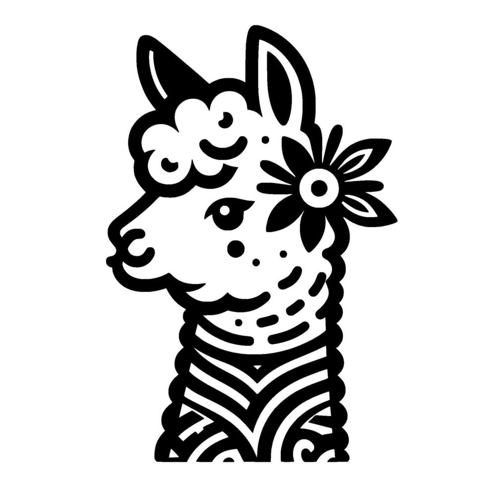 Adorable Alpaca with Flower Black White, Boho vector