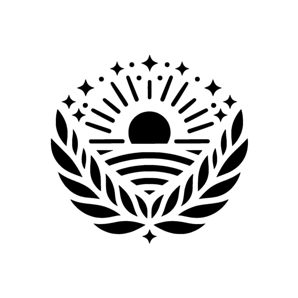 Black and White Emblem Sunrise, Laurel Wreath, Stars vector