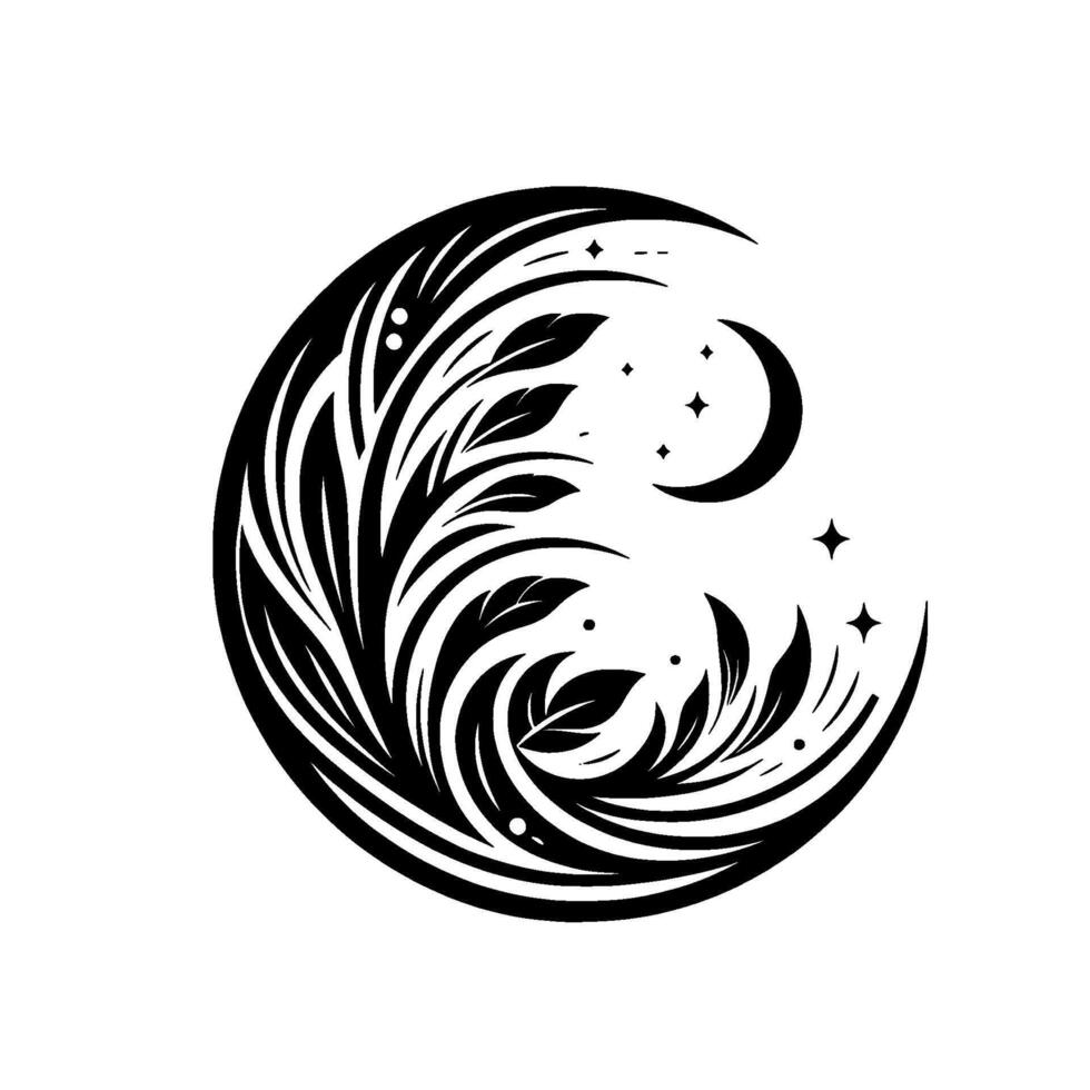 Crescent Moon Foliage Silhouette Elegant Black White vector