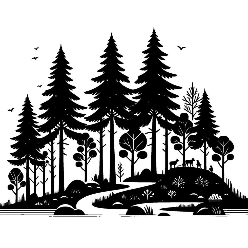 Serene Forest Silhouette Black White Illustration vector