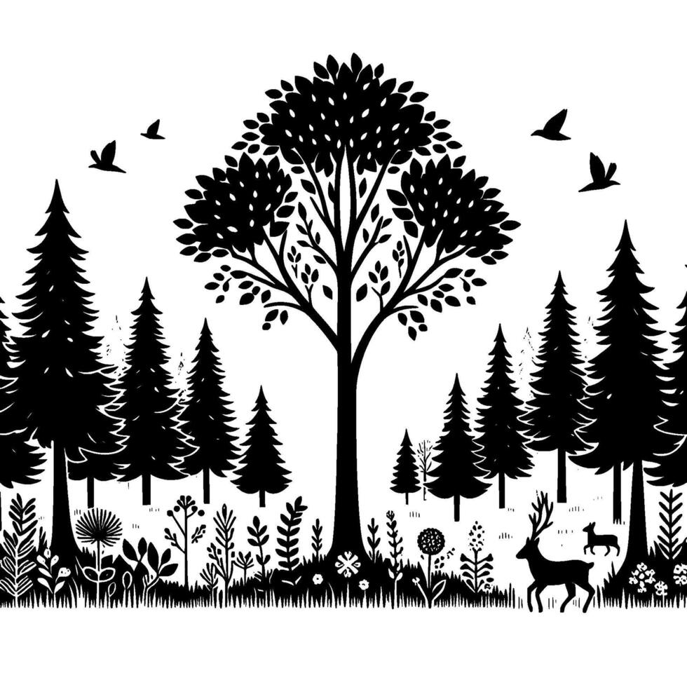 Black and White Forest Scene Trees, Birds, Deer, Illustration vector