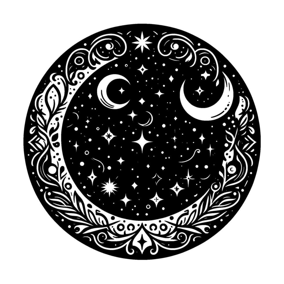 Celestial Mandala Moon Stars in Decorative Circle vector
