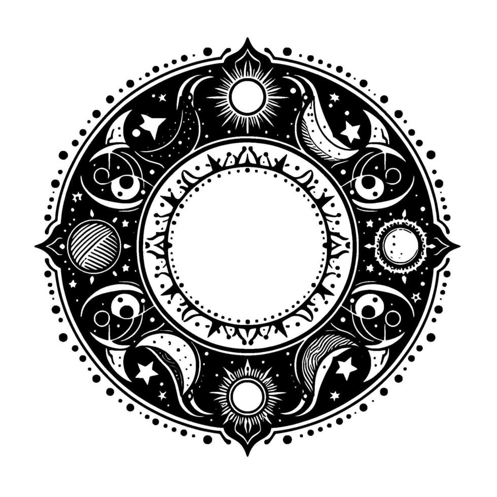 Celestial Mandala Black White Sun, Moon, Stars, Sacred Geometry vector