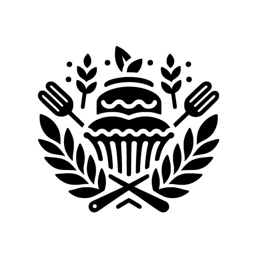Bakery Emblem Monochrome with Cupcake, Laurel Wreath, and Cutlery vector