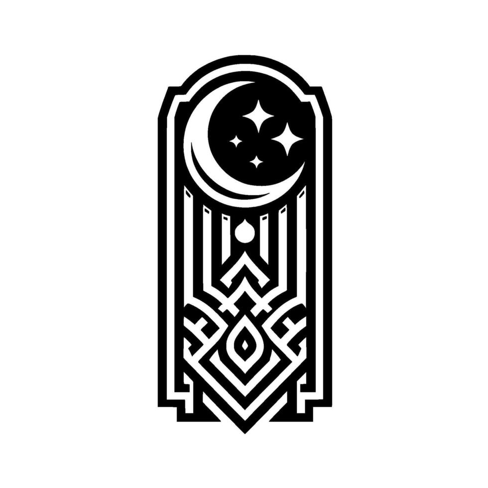 Geometric Crescent Moon and Stars Art Deco Emblem, Black and White vector